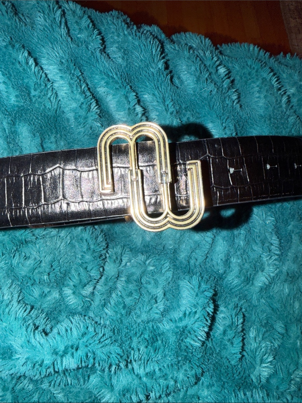 Maje Black Croc-Embossed Leather Belt with Gold Logo Buckle
